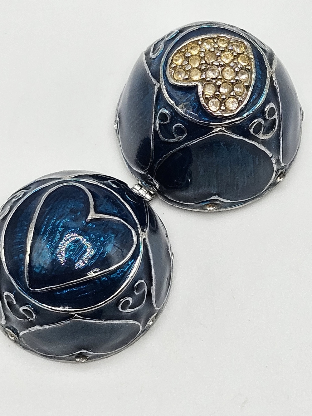 VINTAGE Blue Enamel Rhinestone Heart Silver Tone Egg Shaped Hinged Trinket Box - Picture 5 of 7